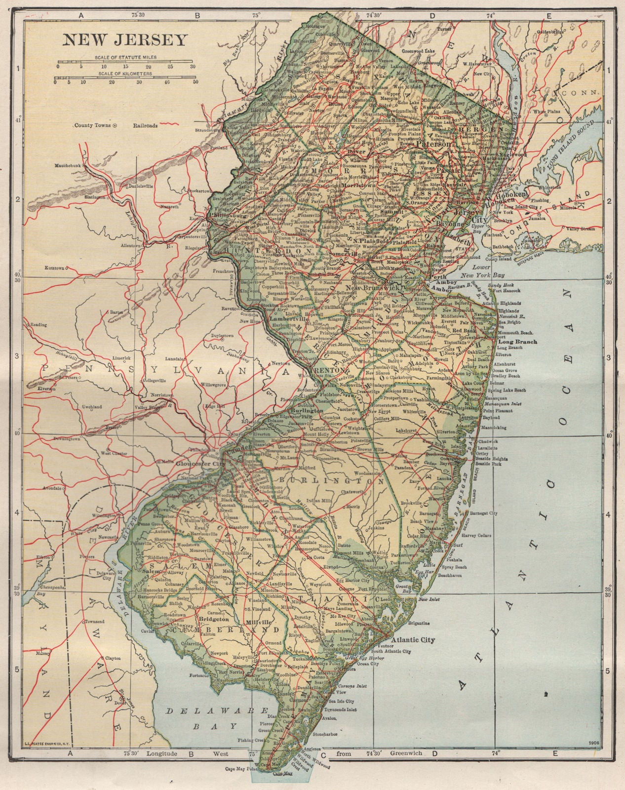 New Jersey state map showing railroads. POATES 1925 old vintage plan chart